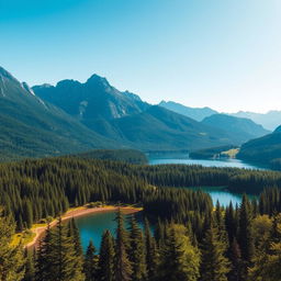 A beautiful landscape featuring a serene lake surrounded by lush green forests and majestic mountains under a clear blue sky