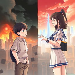 Create an anime-style cover showing a young man and woman standing on opposite sides of a city with huge contrast colors (dark on the man and bright on the woman), symbolizing a social divide