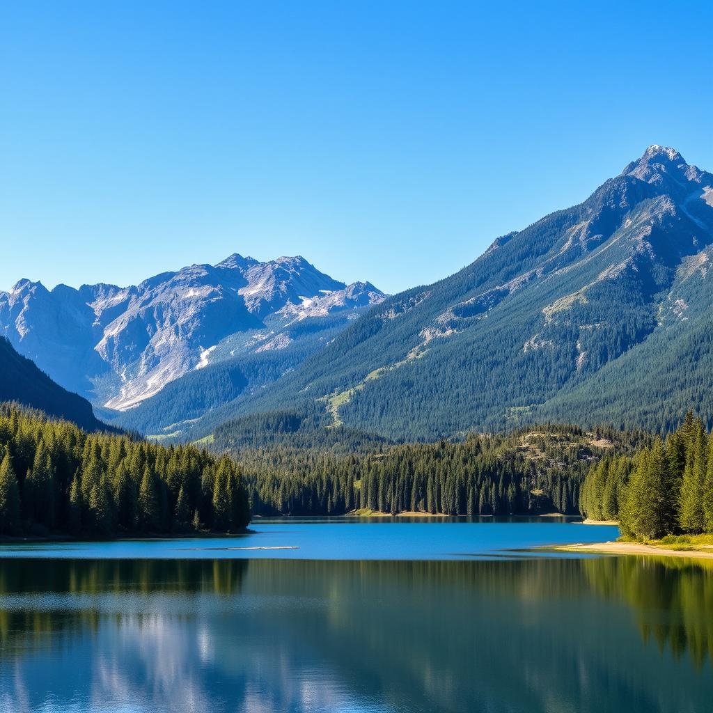 A beautiful landscape featuring a serene lake surrounded by lush green forests and majestic mountains under a clear blue sky