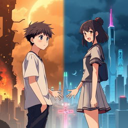 Create an anime-style cover showing a young man and woman standing on opposite sides of a city with huge contrast colors (dark on the man and bright on the woman), symbolizing a social divide