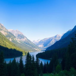 A beautiful landscape featuring a serene lake surrounded by lush green forests and majestic mountains under a clear blue sky