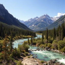 A beautiful landscape with mountains, a river flowing through a forest, and a clear blue sky