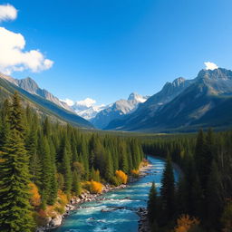 A beautiful landscape with mountains, a river flowing through a forest, and a clear blue sky