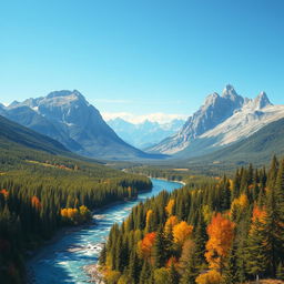 A beautiful landscape with mountains, a river flowing through a forest, and a clear blue sky