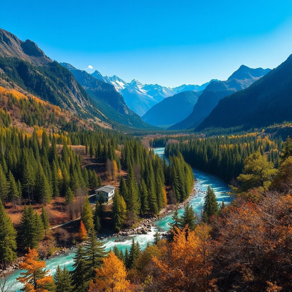 A beautiful landscape with mountains, a river flowing through a forest, and a clear blue sky