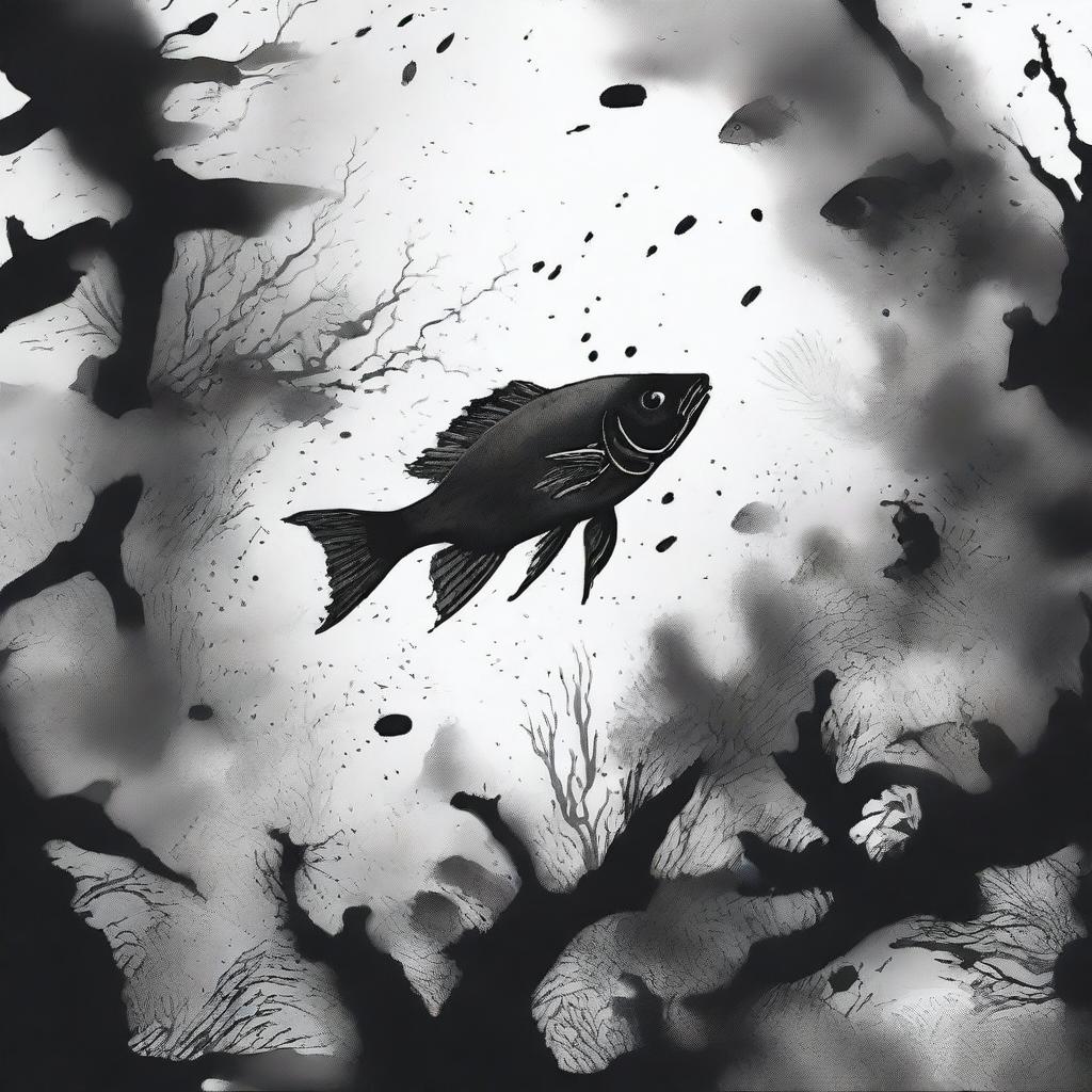 A dramatic scene of a black ink attack underwater