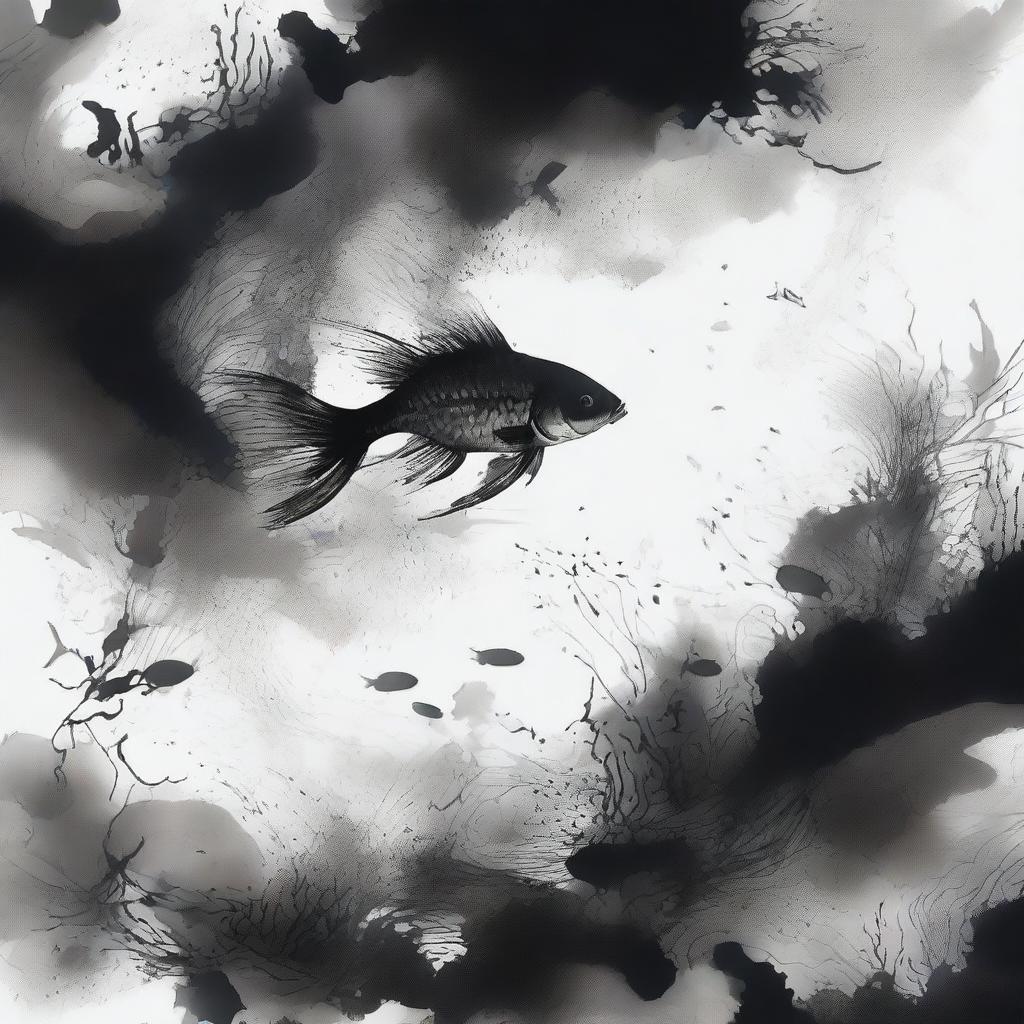 A dramatic scene of a black ink attack underwater