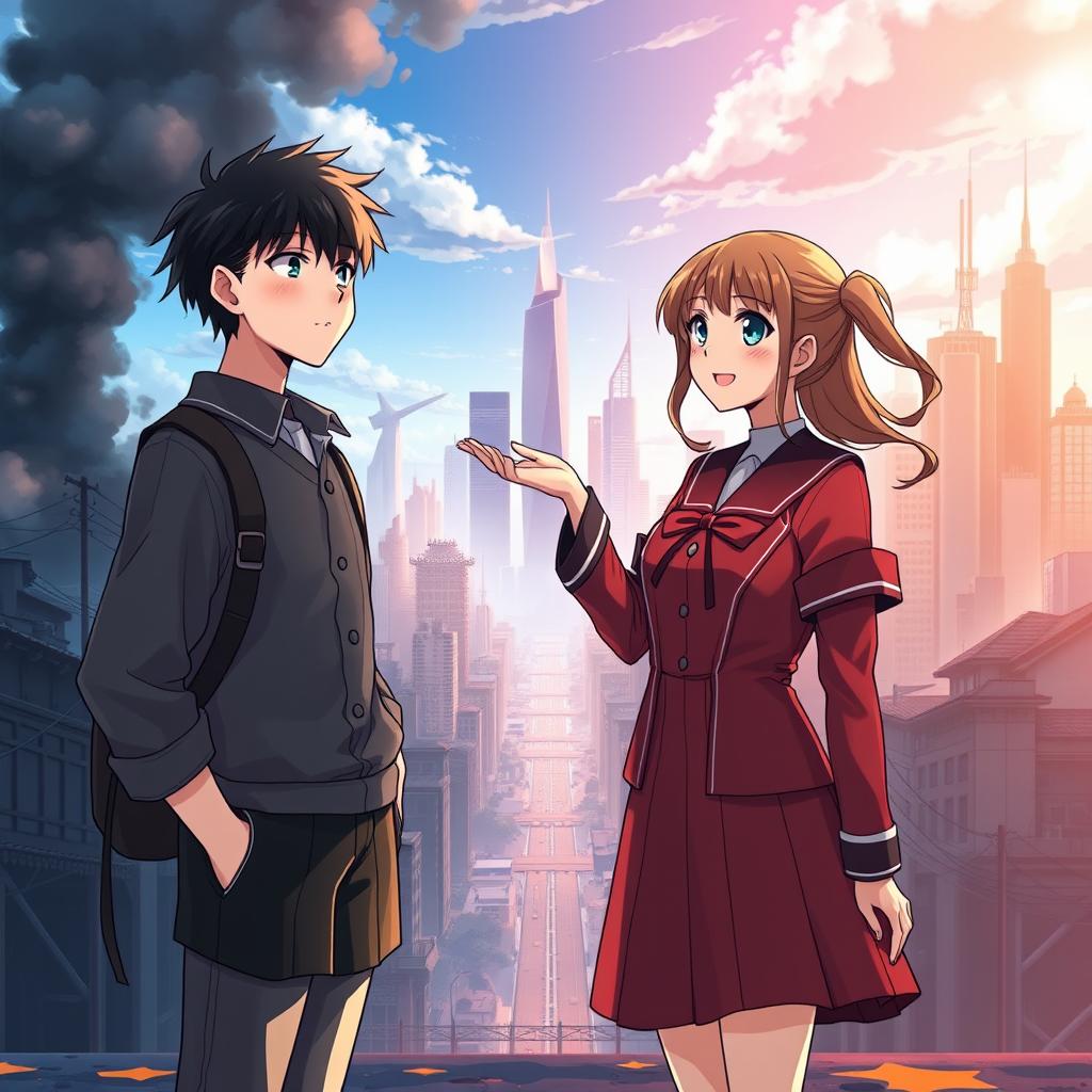 Create an anime-style cover showing a young man and woman standing on opposite sides of a city with huge contrast colors (dark on the man and bright on the woman), symbolizing a social divide