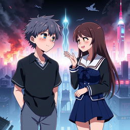 Create an anime-style cover showing a young man and woman standing on opposite sides of a city with huge contrast colors (dark on the man and bright on the woman), symbolizing a social divide