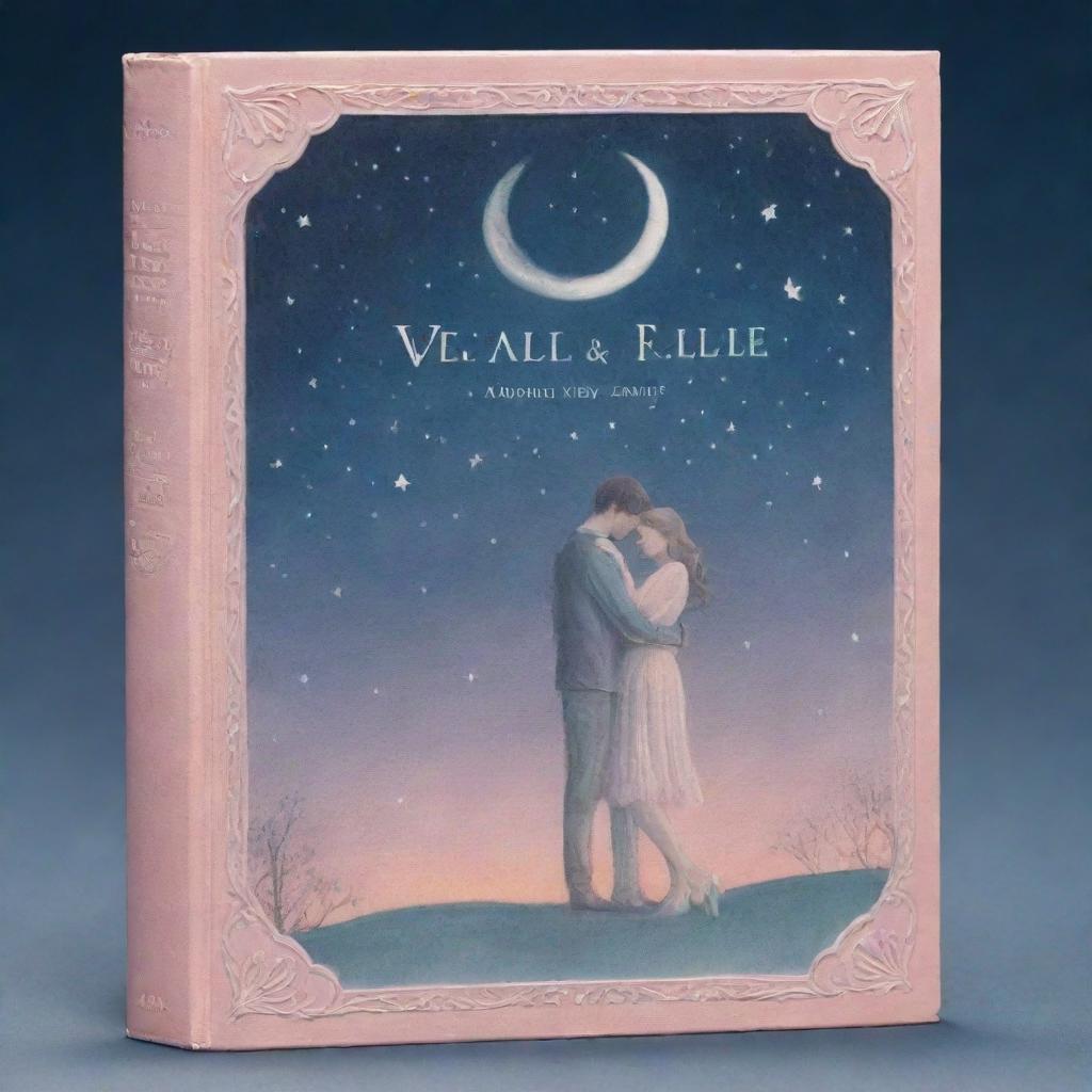 A romantically themed book cover featuring soft pastels, heart-shaped motifs, well-placed typography and two lovers embracing under a moonlit sky.