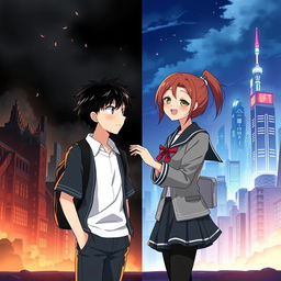 Create an anime-style cover showing a young man and woman standing on opposite sides of a city with huge contrast colors (dark on the man and bright on the woman), symbolizing a social divide