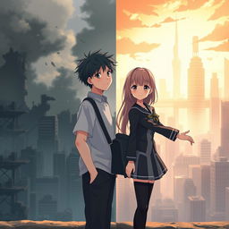 Create an anime-style cover showing a young man and woman standing on opposite sides of a city with huge contrast colors (dark on the man and bright on the woman), symbolizing a social divide