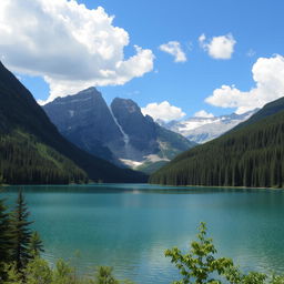 A beautiful landscape featuring a serene lake surrounded by lush green forests and majestic mountains in the background under a clear blue sky with fluffy white clouds