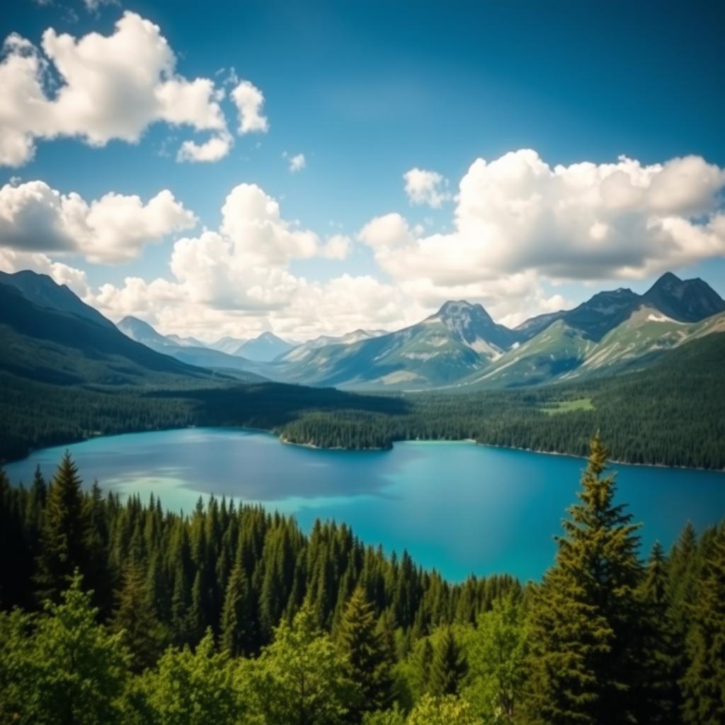 A beautiful landscape featuring a serene lake surrounded by lush green forests and majestic mountains in the background under a clear blue sky with fluffy white clouds