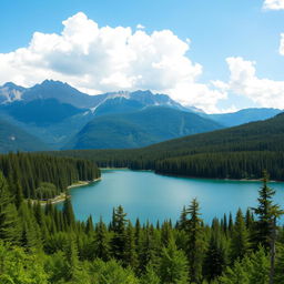 A beautiful landscape featuring a serene lake surrounded by lush green forests and majestic mountains in the background under a clear blue sky with fluffy white clouds