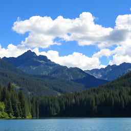 A beautiful landscape featuring a serene lake surrounded by lush green forests and majestic mountains in the background under a clear blue sky with fluffy white clouds