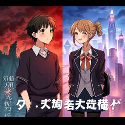 Create an anime-style cover showing a young man and woman standing on opposite sides of a city with huge contrast colors (dark on the man and bright on the woman), symbolizing a social divide