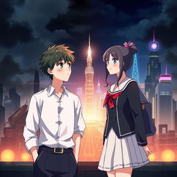 Create an anime-style cover showing a young man and woman standing on opposite sides of a city with huge contrast colors (dark on the man and bright on the woman), symbolizing a social divide