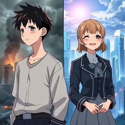 Create an anime-style cover showing a young man and woman standing on opposite sides of a city with huge contrast colors (dark on the man and bright on the woman), symbolizing a social divide