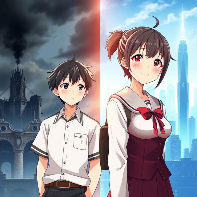 Create an anime-style cover showing a young man and woman standing on opposite sides of a city with huge contrast colors (dark on the man and bright on the woman), symbolizing a social divide