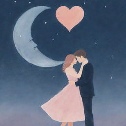 A romantically themed book cover featuring soft pastels, heart-shaped motifs, well-placed typography and two lovers embracing under a moonlit sky.