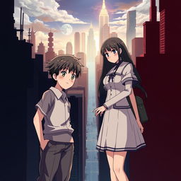 Create an anime-style cover showing a young man and woman standing on opposite sides of a city with huge contrast colors (dark on the man and bright on the woman), symbolizing a social divide