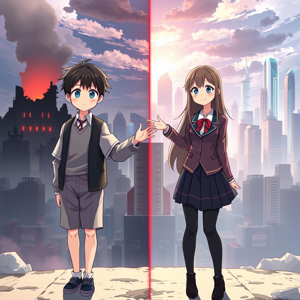 Create an anime-style cover showing a young man and woman standing on opposite sides of a city with huge contrast colors (dark on the man and bright on the woman), symbolizing a social divide