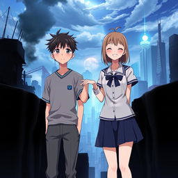 Create an anime-style cover showing a young man and woman standing on opposite sides of a city with huge contrast colors (dark on the man and bright on the woman), symbolizing a social divide