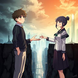 Create an anime-style cover showing a young man and woman standing on opposite sides of a city with huge contrast colors (dark on the man and bright on the woman), symbolizing a social divide