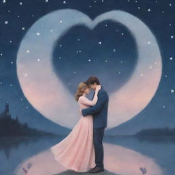 A romantically themed book cover featuring soft pastels, heart-shaped motifs, well-placed typography and two lovers embracing under a moonlit sky.