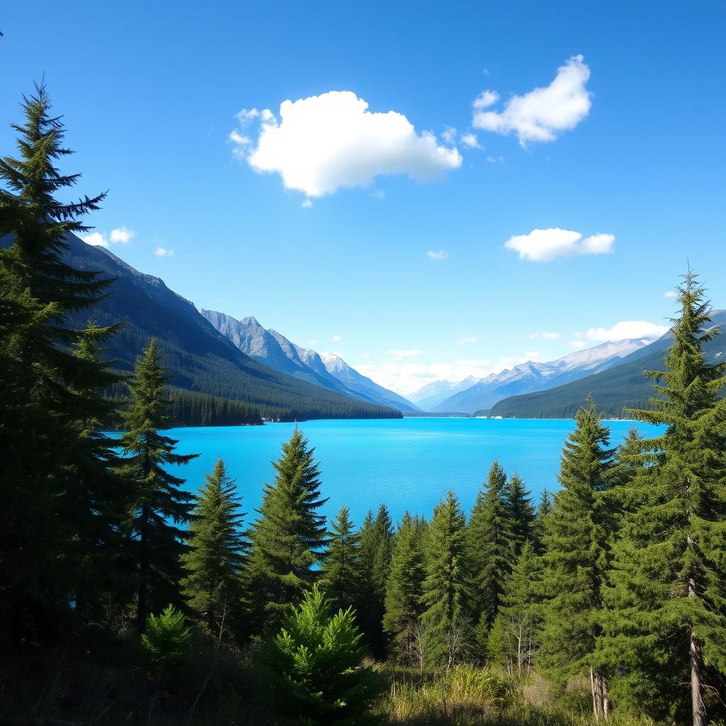 Generate an image of a serene landscape featuring a clear blue lake surrounded by lush green trees and mountains in the background