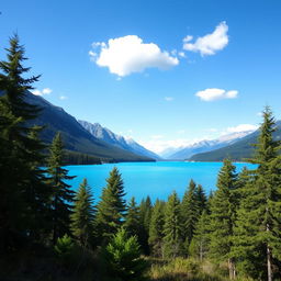 Generate an image of a serene landscape featuring a clear blue lake surrounded by lush green trees and mountains in the background