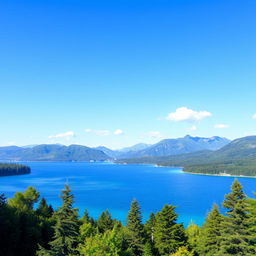 Generate an image of a serene landscape featuring a clear blue lake surrounded by lush green trees and mountains in the background