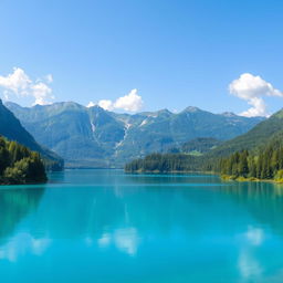 Generate an image of a serene landscape featuring a clear blue lake surrounded by lush green trees and mountains in the background