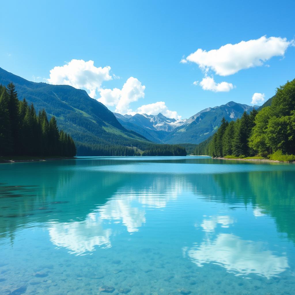 Generate an image of a serene landscape featuring a clear blue lake surrounded by lush green trees and mountains in the background