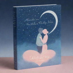 A romantically themed book cover featuring soft pastels, heart-shaped motifs, well-placed typography and two lovers embracing under a moonlit sky.