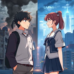 Create an anime-style cover showing a high school man and woman standing on opposite sides of a city with huge contrast colors (dark on the man and bright on the woman), symbolizing a social divide