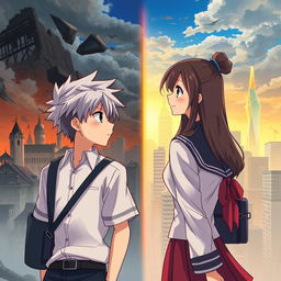 Create an anime-style cover showing a high school man and woman standing on opposite sides of a city with huge contrast colors (dark on the man and bright on the woman), symbolizing a social divide