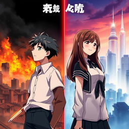 Create an anime-style cover showing a high school man and woman standing on opposite sides of a city with huge contrast colors (dark on the man and bright on the woman), symbolizing a social divide