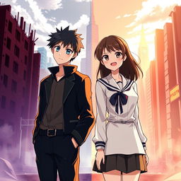 Create an anime-style cover showing a high school man and woman standing on opposite sides of a city with huge contrast colors (dark on the man and bright on the woman), symbolizing a social divide