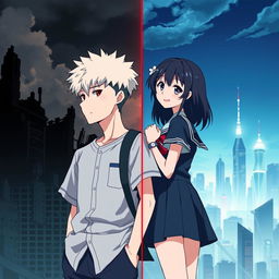 Create an anime-style cover showing a highschool man and woman standing on opposite sides of a city with huge contrast colors (dark on the man and bright on the woman), symbolizing a social divide