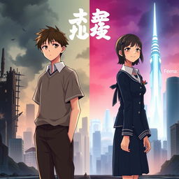 Create an anime-style cover showing a highschool man and woman standing on opposite sides of a city with huge contrast colors (dark on the man and bright on the woman), symbolizing a social divide