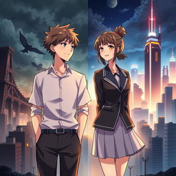 Create an anime-style cover showing a highschool man and woman standing on opposite sides of a city with huge contrast colors (dark on the man and bright on the woman), symbolizing a social divide