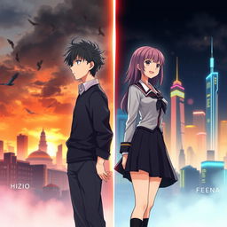 Create an anime-style cover showing a highschool man and woman standing on opposite sides of a city with huge contrast colors (dark on the man and bright on the woman), symbolizing a social divide