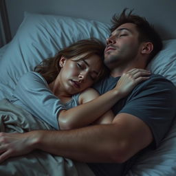 A detailed image of a tired and sweaty-looking woman leaning on a man's lap in bed