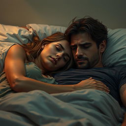 A detailed image of a tired and sweaty-looking woman leaning on a man's lap in bed