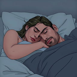 A detailed image of a tired and sweaty-looking woman leaning on a man's lap in bed