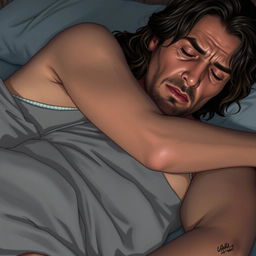 A detailed image of a tired and sweaty-looking woman leaning on a man's lap in bed