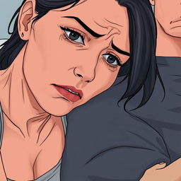 A detailed image of a woman looking sweaty, frowning, with her mouth slightly open