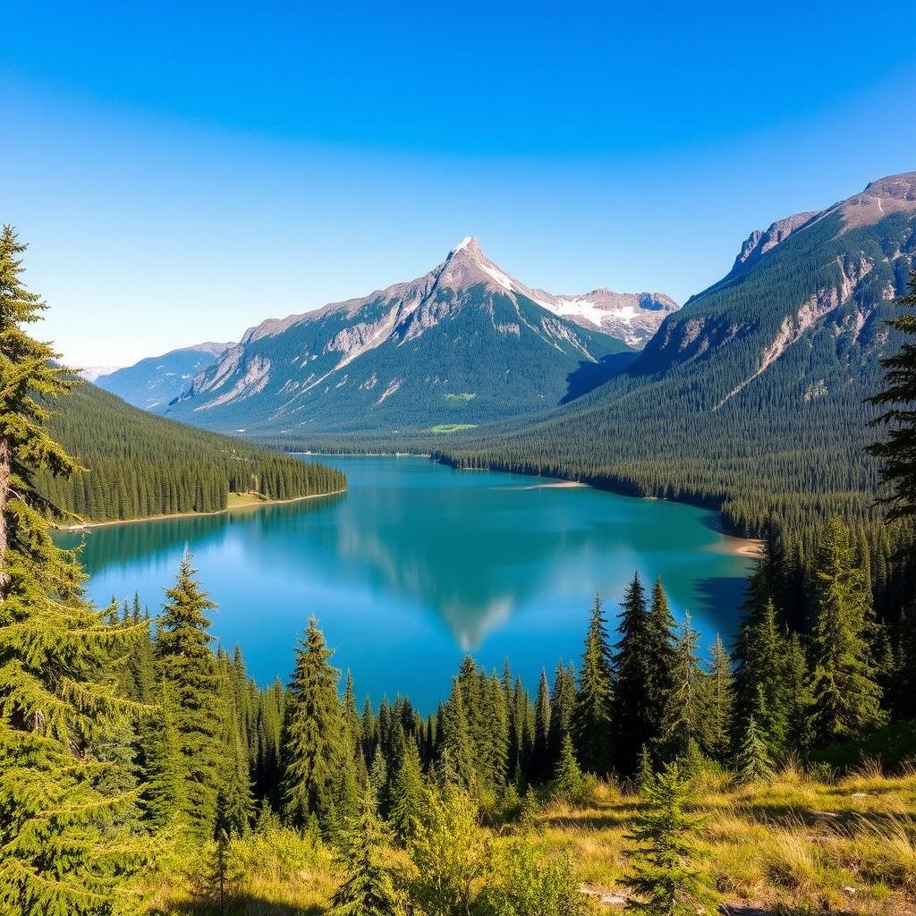 A beautiful landscape featuring a serene lake surrounded by lush green forests and majestic mountains under a clear blue sky